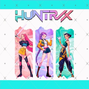 Peut inclure: Illustration de trois personnages féminins stylisés, aux cheveux et tenues vives, sur des fonds abstraits colorés. Le mot "HUNTRX" est affiché en haut de l'image dans une police multicolore.