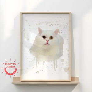 Custom White Cat Portrait Digital Watercolor Pet Art, Personalized Cat Drawing Print, Unique Pet Memorial Gift, Cat Lover Wall Decor