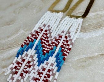 Long Beaded Earrings – Geometric Boho Chic, White Red Blue Fringe – Elegant Woman Jewelry