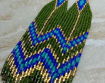 Long Beaded Fringe Earrings – Boho Ethnic Style, Green Blue Gold Miyuki Beads