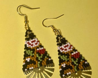 Miyuki Beaded Earrings, Boho Chic, Ethnic Luxe, Gold Fan Pendant