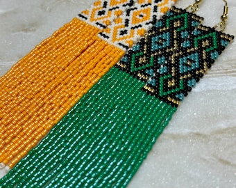 Handmade Tribal Beaded Earrings – Orange Emerald Geometric Fringe Jewelry