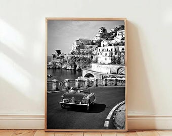 Vintage Italian Coast Poster – Black and White Car Photography Print,