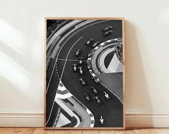 Formula Race Black and White Poster – Aerial Motorsport Art