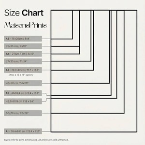 May include: A size chart for prints, featuring various rectangular outlines in black on a cream background. The chart includes sizes in both centimeters and inches, such as 11.7 x 16.5 inches and 18 x 24 inches. Text at the top reads "Size Chart" and "MaisonsPrints."
