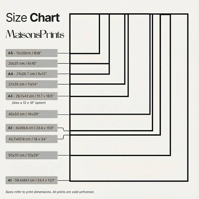 May include: A size chart for prints, featuring various rectangular outlines in black on a cream background. The chart includes sizes in both centimeters and inches, such as 11.7 x 16.5 inches and 18 x 24 inches. Text at the top reads "Size Chart" and "MaisonsPrints."