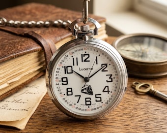 Vintage Lucerne Pocket Watch 1970s Retro Mechanical Timepiece, Antique Pendant Watch with Chain, Collectible Gift for Him Groom Wedding Gift
