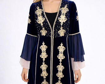 Handmade Velvet Kaftan, Dark Blue Embroidered Abaya, Stone and Sequin Details, Special Design Long Robe, Elegant Front Open Kaftan, Luxury