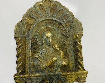 Antique Bronze Icon, Virgin Mary and Child Jesus, 19th Century Orthodox Medallion, Religious Wall Art, Rare Christian Pendant, Collectible
