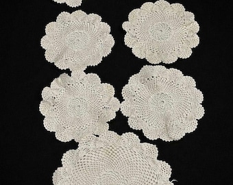 Vintage 1990s Handmade Crochet Lace Coaster Set, Seven Piece Cotton Pitcher Mat, Antique Table Decor, Unique Dowry Gifts For Women
