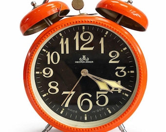Orange Meister Anker Alarm Clock, Working Mechanical Desk Decor, Authentic Wind Up Timepiece, Unique Retro East German Home Gift Ideas