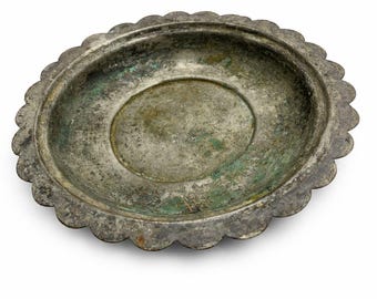 Vintage Metal Serving Plate, Scalloped Edge Antique Brass Dish, Rustic Patina Home Decor, Unique Retro Decorative Tray Gifts For Women