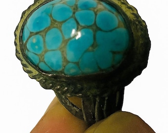 Raro anello ottomano antico con turchese a mosaico, gioiello in bronzo fatto a mano, stile vintage anatolico boho, regalo da collezione storico