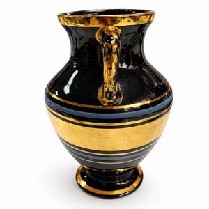 Vaso vintage de cerâmica preta e dourada, com alça dupla, estilo retrô, ânfora antiga, peça única para decoração de mesa de sala de estar, presente perfeito para mulheres.