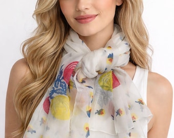 White Floral Chiffon Scarf, Elegant Summer Neck Shawl, Soft Women Hair Accessory, Modern Fashion Apparel, Unique Handmade Art Gifts