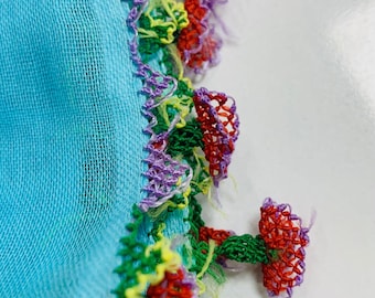 Sciarpa in pizzo ad ago turchese fatta a mano, Oya yemenita vintage anni '80, scialle in cotone con bordo floreale, foulard turco tradizionale, accessorio per capelli boho