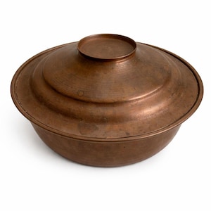 Vintage Handmade Anatolian Copper Pot With Lid, Rustic Farmhouse Kitchen Decor, Antique Decorative Sahan, Unique Cooking Gift Ideas