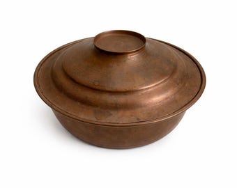 Vintage Handmade Anatolian Copper Pot With Lid, Rustic Farmhouse Kitchen Decor, Antique Decorative Sahan, Unique Cooking Gift Ideas