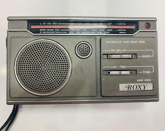 Rádio portátil Roxy vintage dos anos 1970, rádio transistor multibanda (FM/MW/LW), decoração retrô de estado sólido, presente eletrônico colecionável para ele