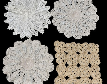 Vintage Handmade Crochet Lace Set, Four Piece Cotton Table Doilies, Antique Textile Decor, Unique Nostalgic Craft Supplies Gift For You