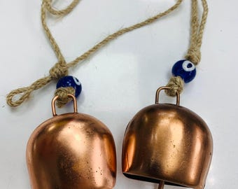 Set di campanelle in rame, ciondoli a forma di occhio di Allah, decorazioni in corda di vimini, ornamenti rustici in metallo, piccole campanelle da appendere, complementi d'arredo in stile vintage