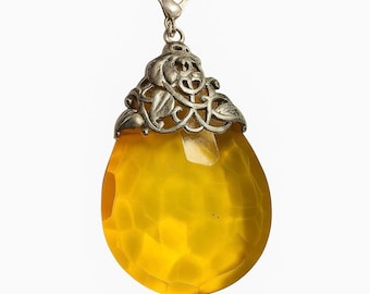 Vintage Art Nouveau Yellow Glass Pendant, Large Statement Necklace Charm, Gold-Tone Faceted Stone, Antique Style Jewelry, Collectible Gift