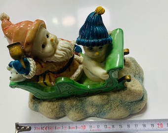 Vintage Ceramic Santa Sleigh Figurine, 90s Christmas Snowman Decor, Pastel Holiday Statue, Retro Xmas Home Gift, Glazed Pottery Art