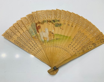 Ventaglio vintage in legno, ventaglio pieghevole bifacciale dipinto a mano, decorazione da parete asiatica, regalo retrò anni '80, arte in legno intagliato, stampa floreale di cavalli