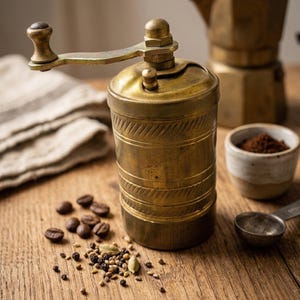 Puede incluir: Un molinillo de café de latón con manivela, sobre una superficie de madera. También hay granos de café, café molido y una cuchara medidora. El molinillo tiene un cuerpo cilíndrico con bandas decorativas.