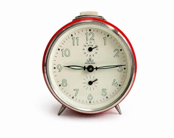 Vintage Red Meister Anker Alarm Clock, Working Mechanical Desk Decor, Antique Wind Up Timepiece, Unique Retro Home Gift Ideas For Men