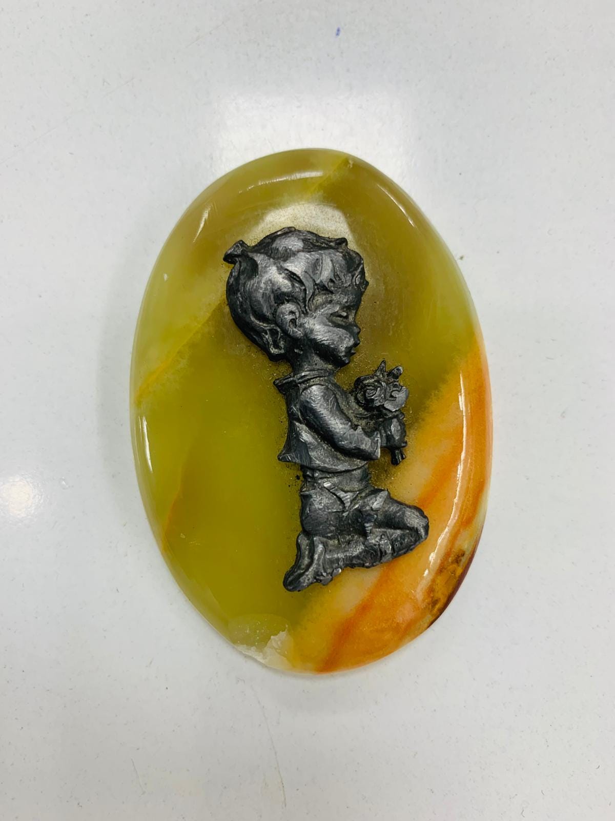 Vintage Onyx Agate Stone With Lead Figure of Kneeling Child, 1970s ...