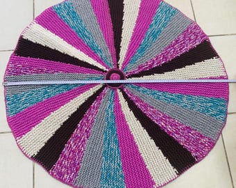 Hand Knitted Round Rug, Colorful Crochet Floor Mat, Vintage Boho Circle Carpet, Handmade Decorative Nursery Decor, Bright Rainbow Mat