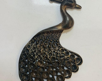 Vintage 1970s Brass Peacock Pendant, Large Boho Statement Charm for Necklace, Bohemian Animal Jewelry, Decorative Bird Good Luck Amulet