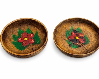 Hand Painted Wooden Bowl Set, Vintage Floral Snack Bowls, Small Decorative Wood Dishes, Rustic Kitchen Decor, Two Piece Serving Set