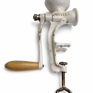 Vintage Jupiter Meat Grinder, White Enamel Mincer, Manual Hand Crank, Wooden Handle Tool, Table Mount Kitchen Gadget, Rustic Home Decor