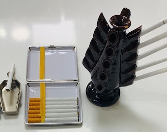 Set da tabacco vintage, portasigarette multiplo in ceramica, posacenere gotico a forma di bara, portasigarette in metallo, accessori per fumatori retrò, regalo da collezione