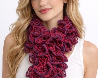 Handmade Red Purple Lace Scarf, Vintage 2000s Women Ruffled Neck Shawl, Elegant Voluminous Knit Accessory, Unique Handmade Art Gift