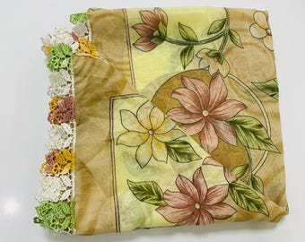 Sciarpa Oya turca vintage, Yazma in pizzo floreale fatto a mano, foulard boho anni '90, regalo tradizionale con ricamo, bandana in morbido cotone