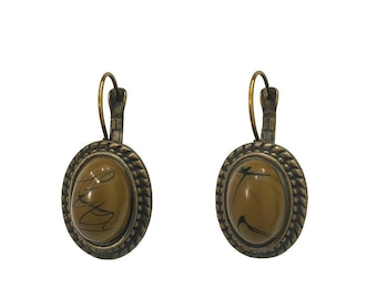 Vintage Bronze Resin Earrings, Brown Stone Dangle, Retro 1980s Jewelry, Antique Style Drop, Boho Minimalist Gift, Nostalgic Earthy Clip