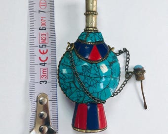 Antique Ottoman Kohl Pot, 1900s Turkish Surmedan with Turquoise & Coral Inlay, Islamic Art Vanity Bottle, Rare Collectible Perfume
