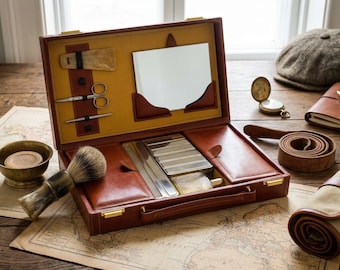 Vintage 1990s Genuine Leather Travel Grooming Kit, Antique Men's Toiletry Case, Full Set Grooming Organizer, Luxury Retro Gift for Him