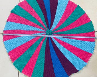 Hand Knitted Round Rug, Colorful Crochet Floor Mat, Vintage Boho Circle Carpet, Handmade Decorative Nursery Decor, Bright Rainbow Mat