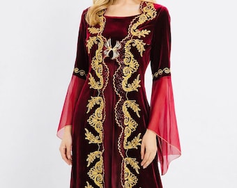 Burgundy Velvet Kaftan, Hand Embroidered Abaya, Gold Detail Long Dress, Luxury Modest Wear, Special Design Gown, Elegant Women Clothing