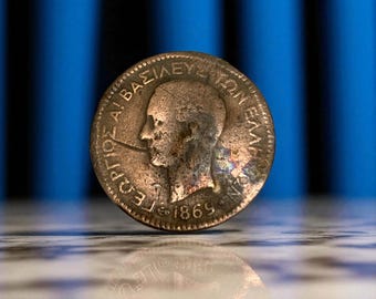 1869 Greece 1 Lepton Coin, Antique King George I Bronze, Kingdom of Greece Numismatics, 19th Century World Coin, Hellenic History Gift