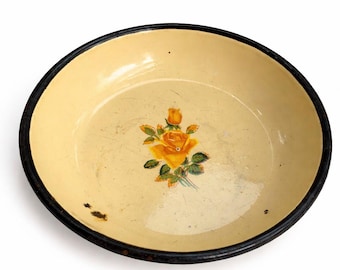Vintage Yellow Floral Enamel Bowl, Retro Metal Kitchen Dish, Antique Farmhouse Table Decor, Rustic Serving Plate, Unique Women Gift Idea