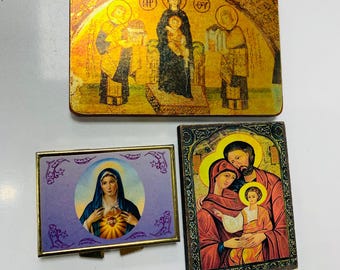 Vintage 3-Piece Christian Icon Set, Sacred Heart Pill Box, Holy Family Plaque, Byzantine Gold Wall Art,1980s Religious Decor Collection Gift