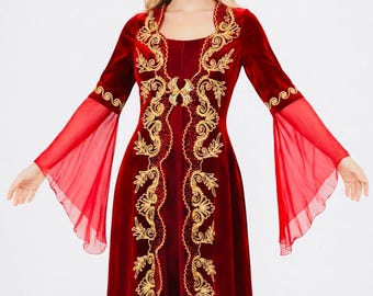 Burgundy Velvet Kaftan, Hand Embroidered Abaya, Gold Detail Long Dress, Luxury Modest Wear, Special Design Gown, Elegant Women Clothing
