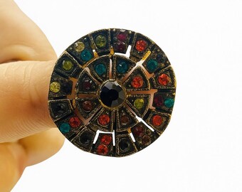 Vintage Mosaic Cocktail Ring, Colorful Boho Statement Jewelry, 1970s Retro Brass Ring, Multi Color Glass Stone, Unique Chunky Gift, 17g