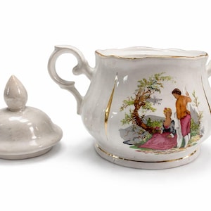 Vintage Porcelain Lidded Sugar Bowl, Gold Trim Romantic Figure, Double Handle Antique Style Decor, Classic Retro Ceramic Serving Jar