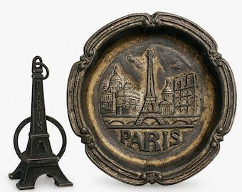 Set di posacenere vintage di Parigi, portachiavi in bronzo della Torre Eiffel, souvenir retrò in metallo degli anni '90, arredamento antico francese per la casa, regalo unico per lui